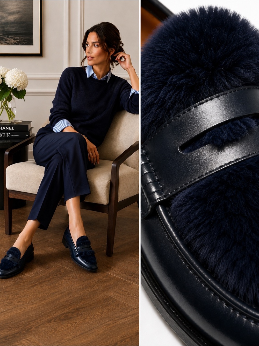 J.CREW Navy Italian Leather Calf Hair Penny Loafers Fur Trim Preppy Quiet Luxury